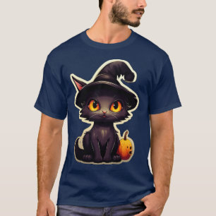 Black Cat In Witches Hat Black Cats Spooky Hallowe T-Shirt