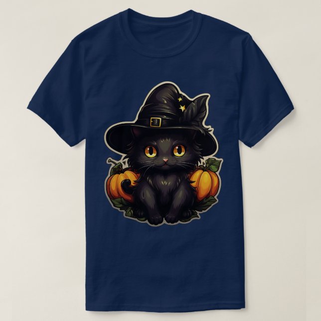 Black Cat In Witches Hat Black Cats Spooky Hallowe T-Shirt (Design Front)