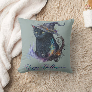 Black Cat in Witches Hat Green Happy Halloween Cushion