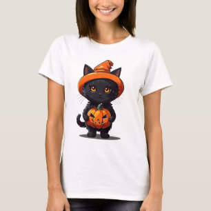 Black Cat in Witches Hat with Pumpkin Halloween T-Shirt