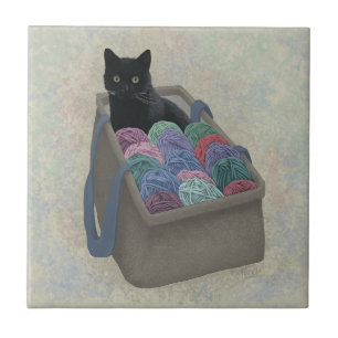 Black cat in yarn bag  ceramic tile