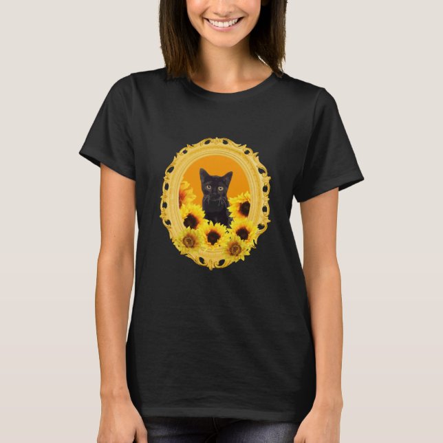 Black Cat in yellow Sunflower Frame T-Shirt (Front)