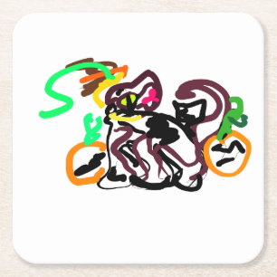 Black Cat ink Autumn Square Paper Coaster