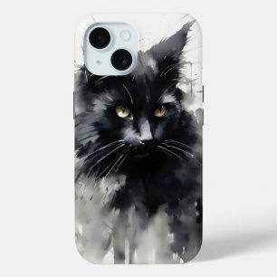 Black Cat Ink Painting iPhone 15 Case