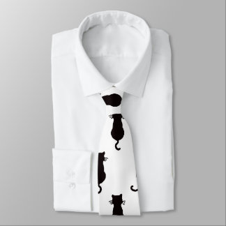 Black Cat Isolated on White Polka Dot Pattern Tie