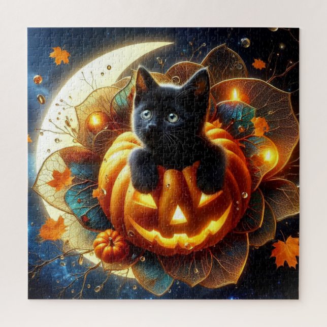 Black Cat, Jack-o-lantern and Cresent Moon Jigsaw Puzzle (Vertical)