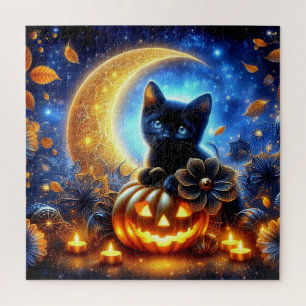 Black Cat, Jack-o-lantern and Cresent Moon Jigsaw Puzzle