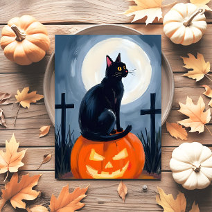 Black Cat Jack-O-Lantern Halloween Painted Holiday Postcard
