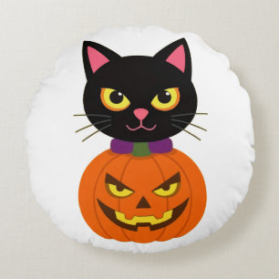 Black Cat & Jack-O'-Lantern Halloween Spooky Round Cushion
