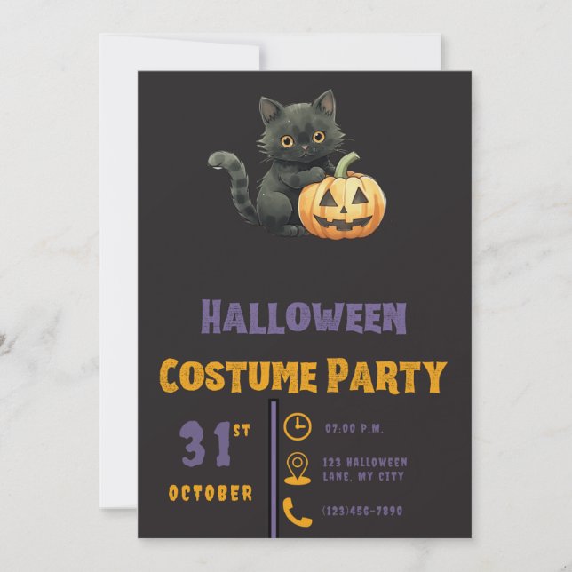 Black Cat Jack-O' Lantern Modern Black Halloween Invitation (Front)
