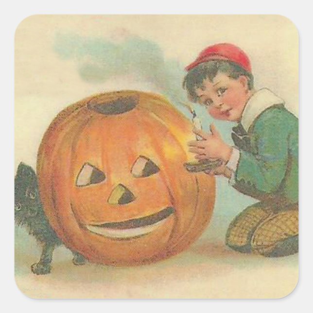 Black Cat Jack O Lantern Pumpkin Boy Square Sticker (Front)