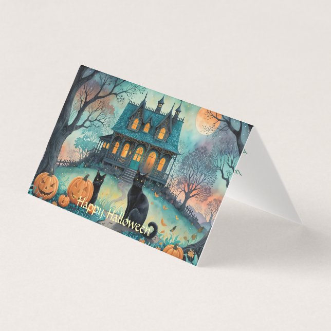 Black Cat, Jack O Lanterns, Spooky House Halloween (Front)