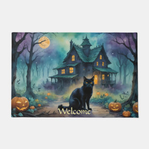 Black Cat, Jack O Lanterns, Spooky House Halloween Doormat