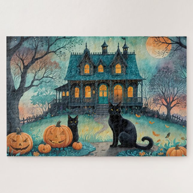 Black Cat, Jack O Lanterns, Spooky House Halloween Jigsaw Puzzle (Horizontal)