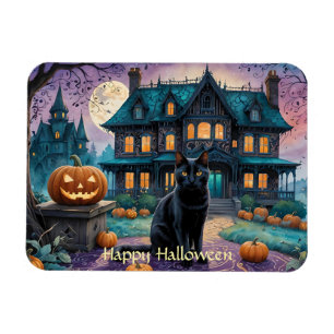 Black Cat, Jack O Lanterns, Spooky House Halloween Magnet
