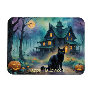 Black Cat, Jack O Lanterns, Spooky House Halloween Magnet