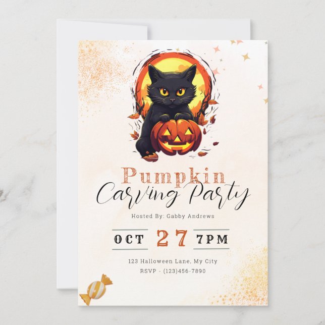 Black Cat Jack'o- Lantern Pumpkin Carving Party Invitation (Front)