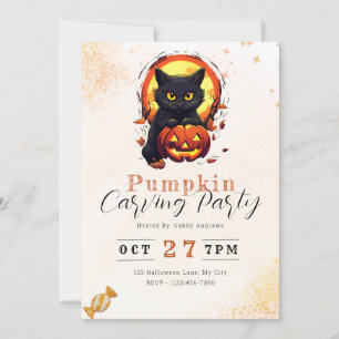 Black Cat Jack'o- Lantern Pumpkin Carving Party Invitation