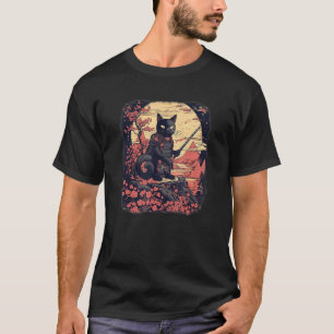 Black Cat Japanese samurai ninja warrior flowers,  T-Shirt