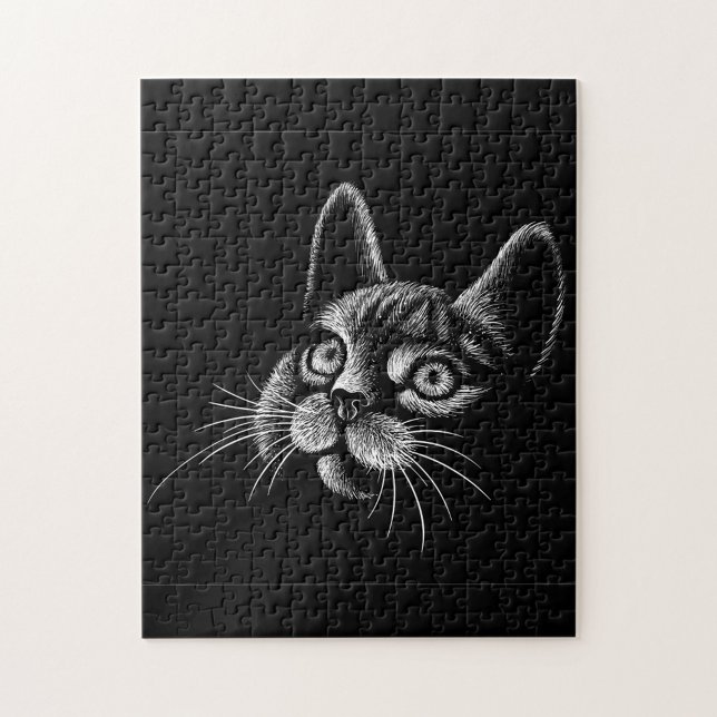 Black Cat Jigsaw Puzzle (A jigsaw puzzle featuring a black background with a white sketch of a cat's head. )