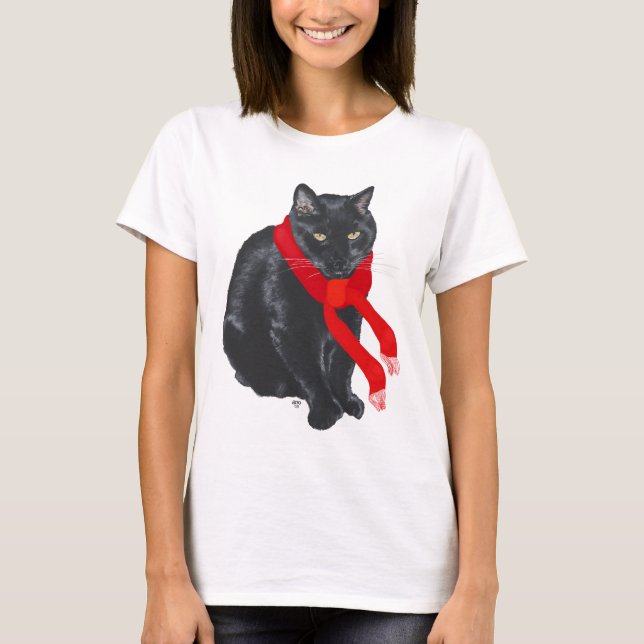 Black Cat Keeping Warm at Christmas T-Shirt (Front)