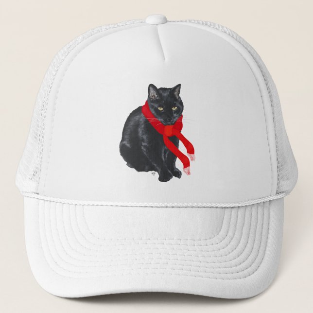 Black Cat Keeping Warm at Christmas Trucker Hat (Front)