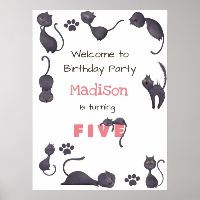 Black cat kids birthday welcome poster (Front)