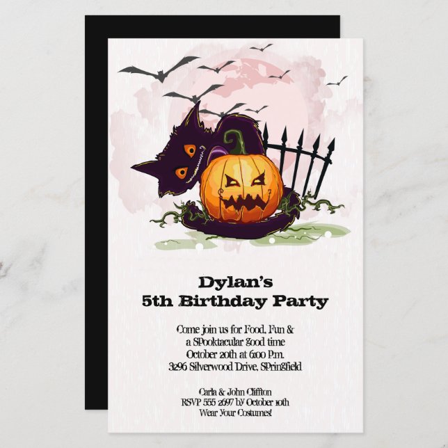 Black Cat Kids Halloween Birthday Invites (Front/Back)