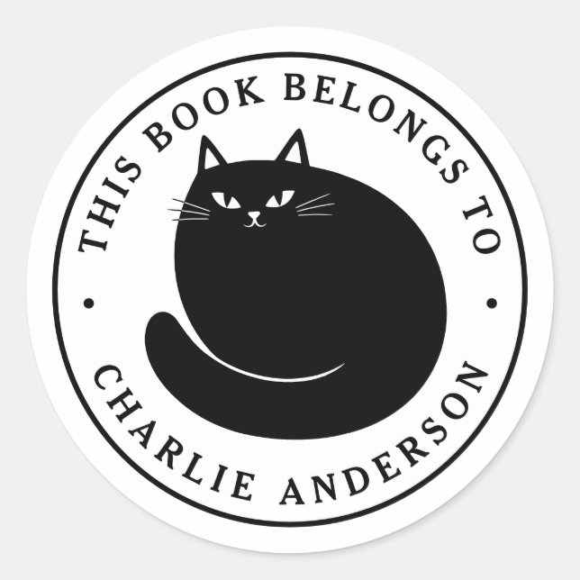 Black cat kitten bookplate library book sticker (Front)