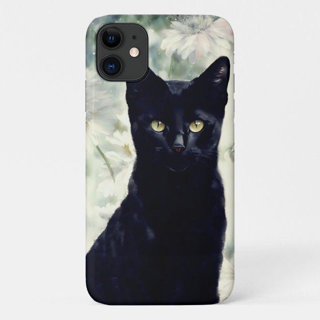 Black Cat Kitten Floral Art Phone Case (Back)