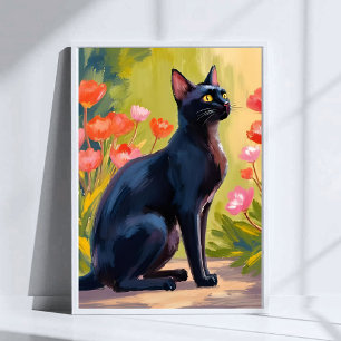 Black Cat Kitten Pet Watercolor Flowers Painted Poster