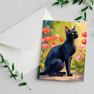 Black Cat Kitten Watercolor Flowers Painted Card