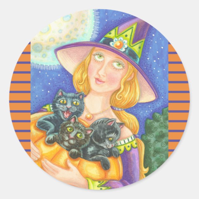BLACK CAT KITTENS & WITCH STICKERS SHEET Round (Front)