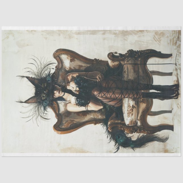 Black cat lady in black and peacock decoupage tissue paper (Front)