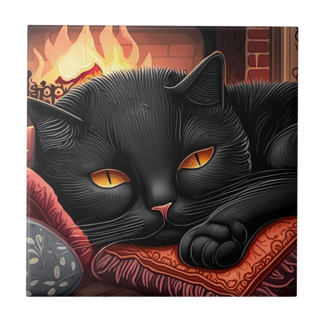 Black cat laying in front of a fireplace ceramic tile (Front)