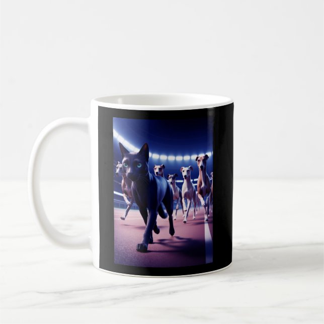 Black Cat Leading Pack Of Dogs At Dog Track Coffee Mug (Left)