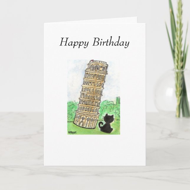 BLACK CAT LEANING TOWER OF PISA BIRTHDAY CARD (Front)