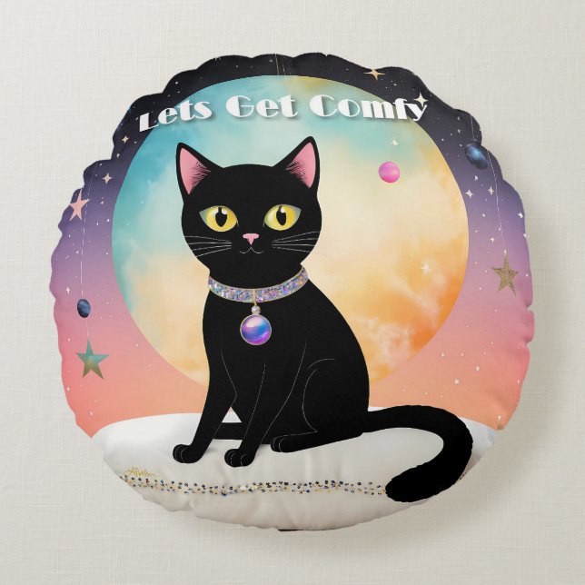 Black Cat - Lets Get Comfy Round Cushion (Front)