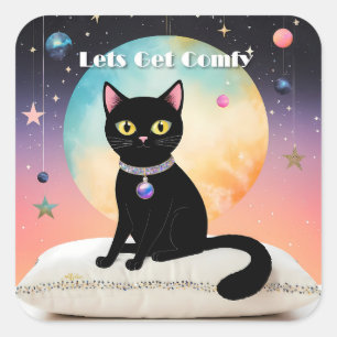 Black Cat - Lets Get Comfy Square Sticker