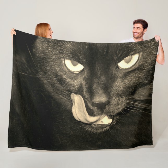 Black Cat Licking Fleece Blanket (In Situ)