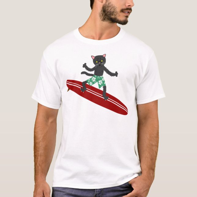 Black Cat Longboard Surfer T-Shirt (Front)