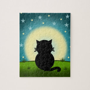 Black Cat Looking At The Moon Jigsaw Puzzle
