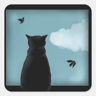 Black Cat Looking Out Window At Heaven Square Sticker