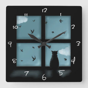 Black Cat Looking Out Window At Heaven Square Wall Clock