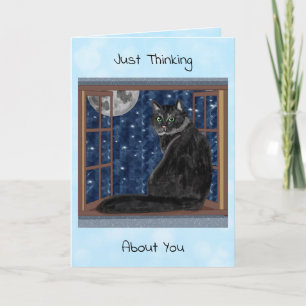 Black Cat Looking out Window at Stars and Moon Card