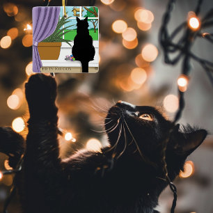 Black Cat Looking Out Window Ceramic Ornament