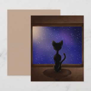 Black Cat looking out window night sky stars