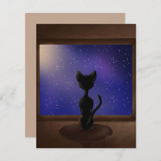 Black Cat looking out window night sky stars