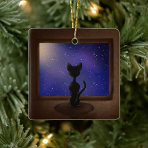 Black Cat looking out window night sky stars  Ceramic Ornament