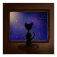 Black Cat looking out window night sky stars 